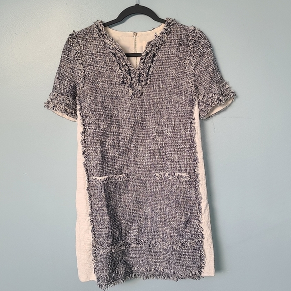 McGinn "Sandy" Chic Tweed Short Sleeve Fringe Neck Frayed Hem Panel Mini Dress 8 - Picture 1 of 8